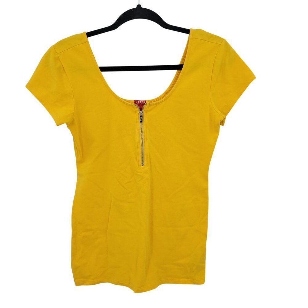 Guess Womens Yellow Scoop Neck Short Sleeve‎ Cotton T-Shirt Top M Zipper Detail